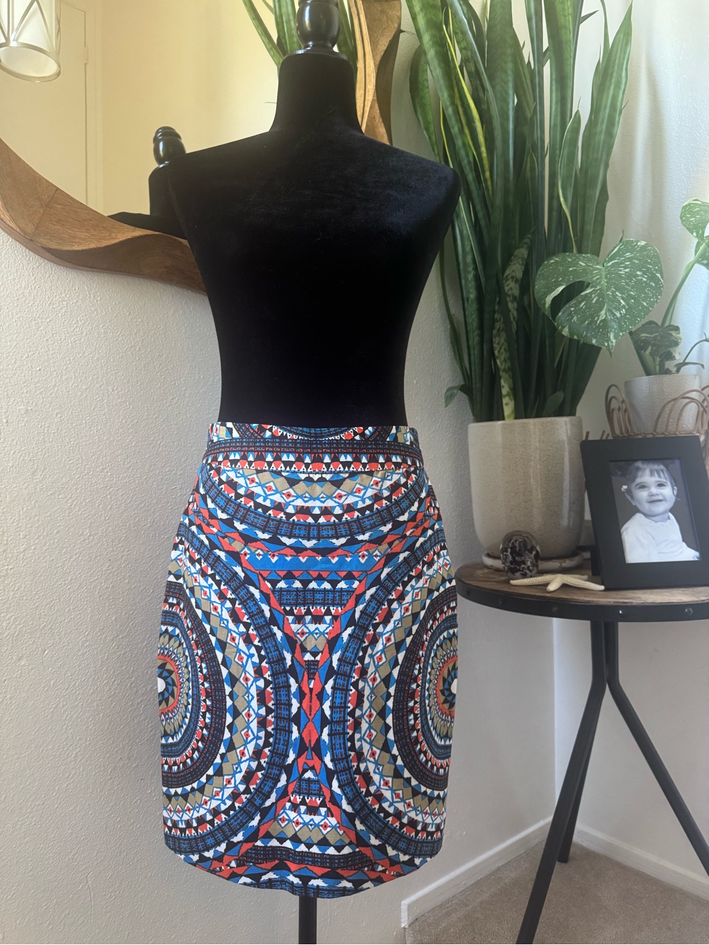 Anthropologie Multicolor Geometric Pencil Skirt With Blue And Orange Pattern